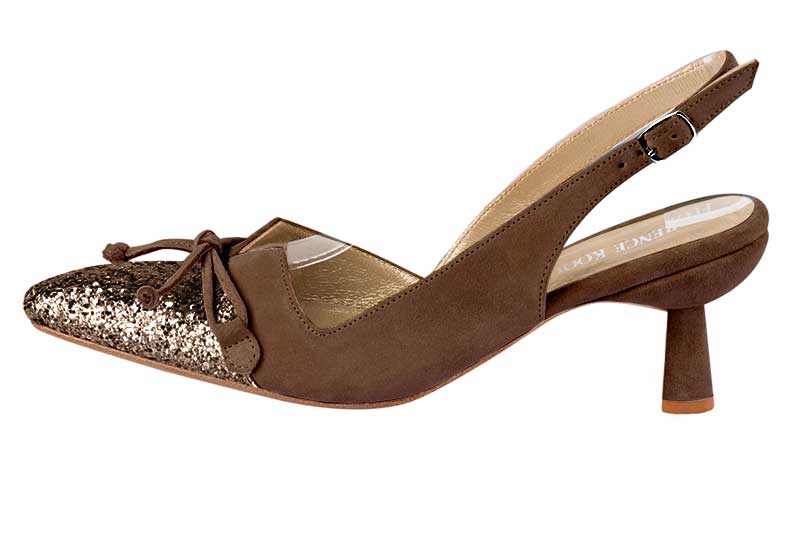 Bronze gold and chocolate brown women's open back shoes, with a knot. Tapered toe. Medium spool heels. Profile view - Florence KOOIJMAN